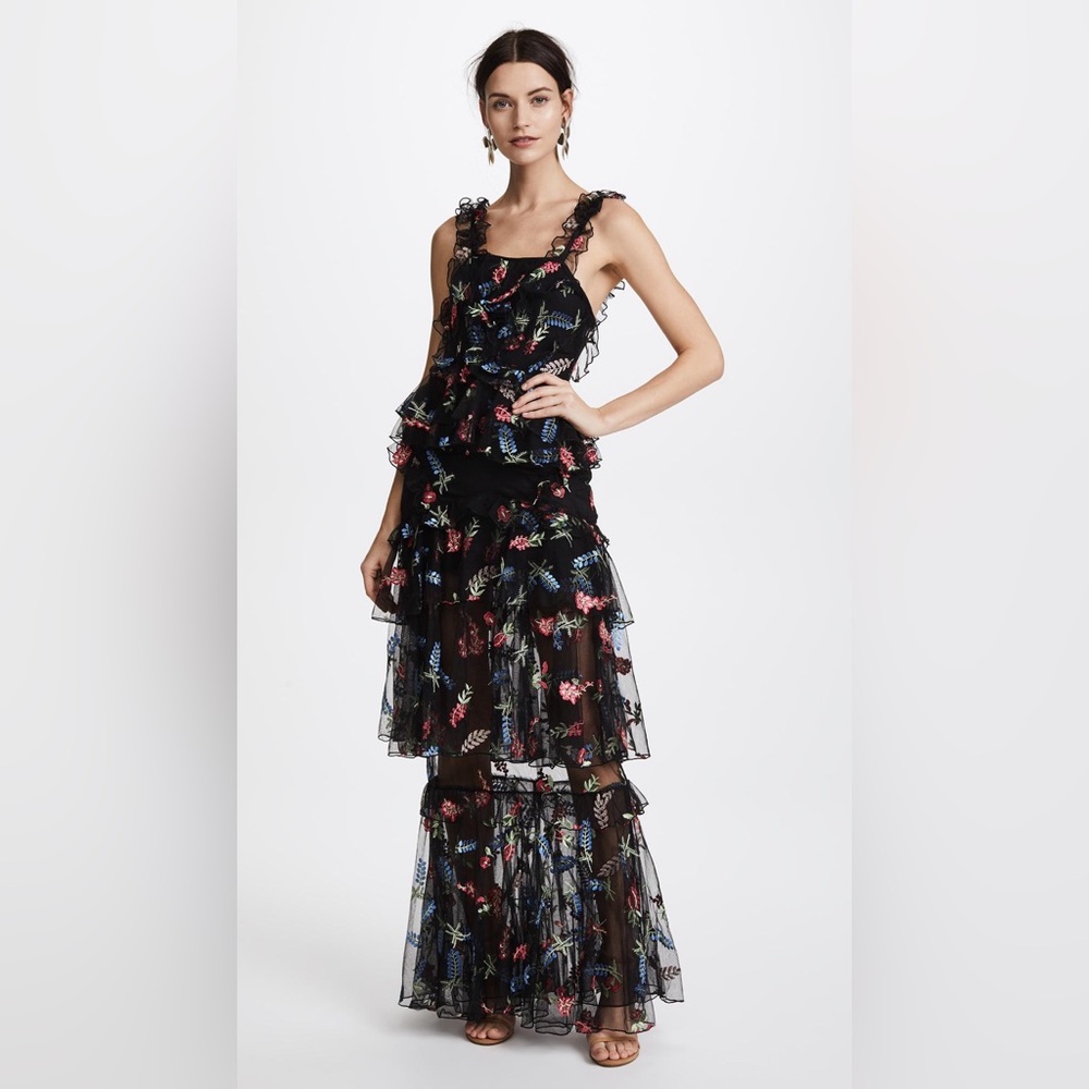 Alice McCall She Moves Me Black‎ Floral Embroidered Tulle Maxi Dress Gown US 6